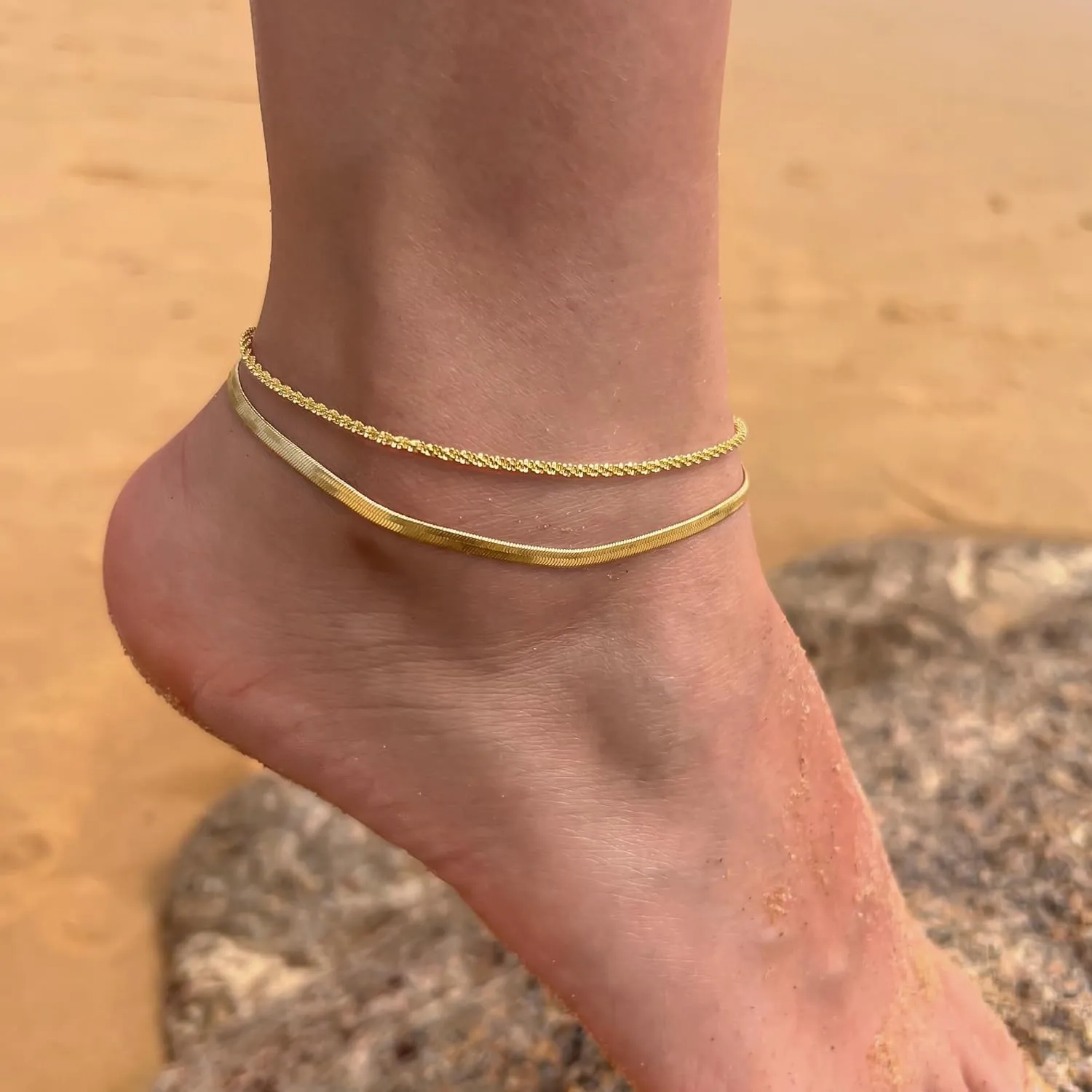 Ankle Bracelets for Women, 14K Gold Anklets for Women Waterproof Layered Ankle Bracelets for Women Teen Girl Herringbone Anklet Set Summer Foot Jewelry Gifts