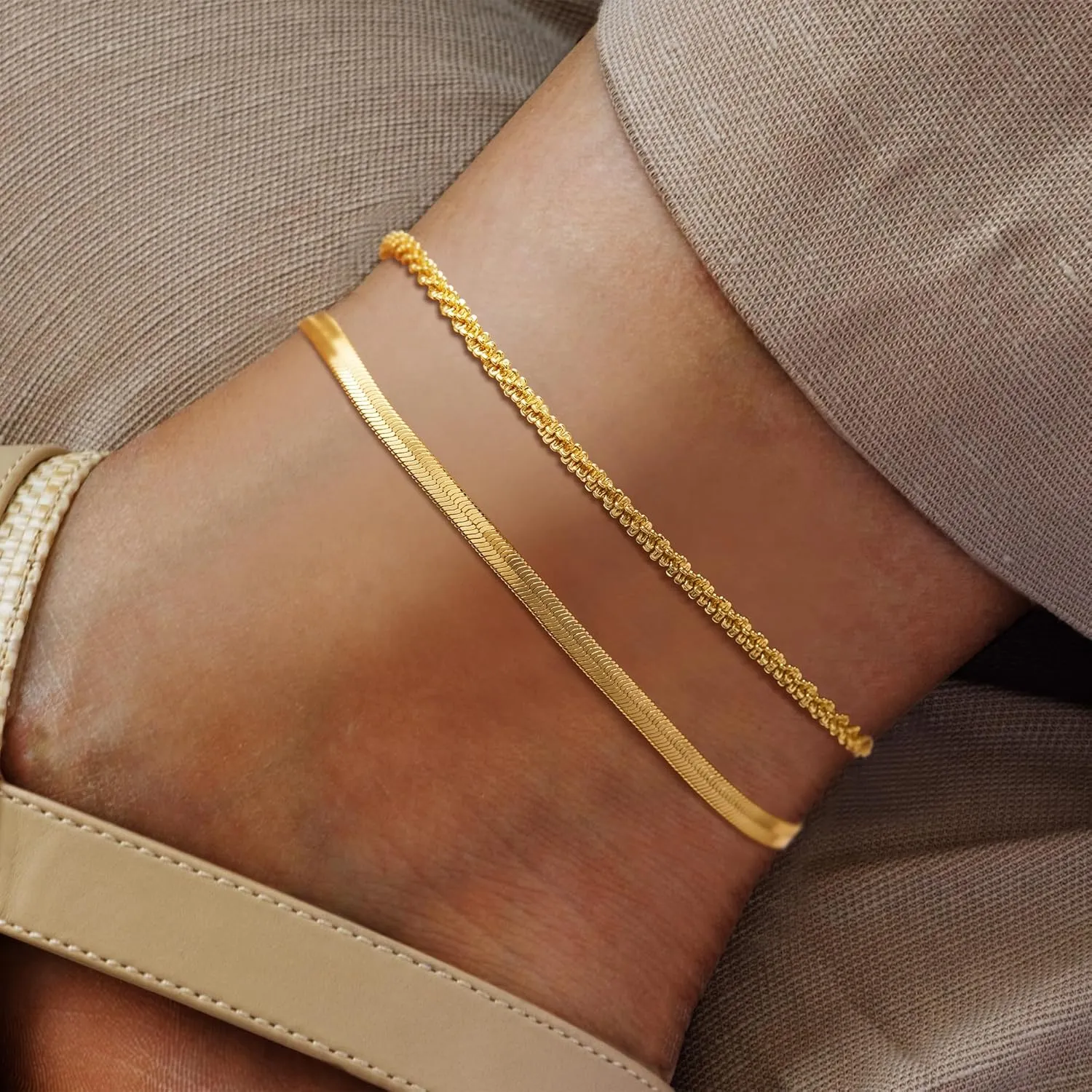 Ankle Bracelets for Women, 14K Gold Anklets for Women Waterproof Layered Ankle Bracelets for Women Teen Girl Herringbone Anklet Set Summer Foot Jewelry Gifts