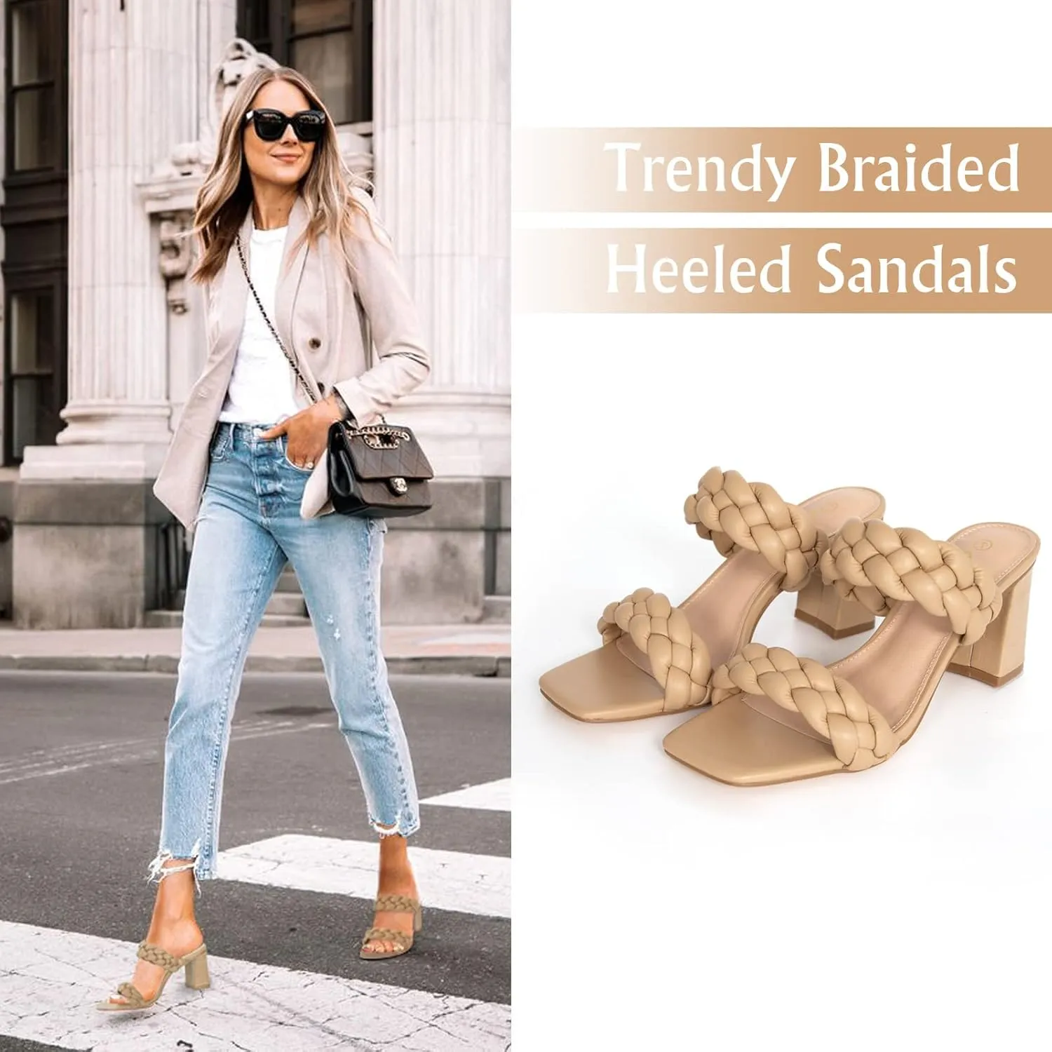 Athlefit Women's Braided Heeled Sandals Strappy Square Open Toe Heels Backless Mules Slip On Block Heels