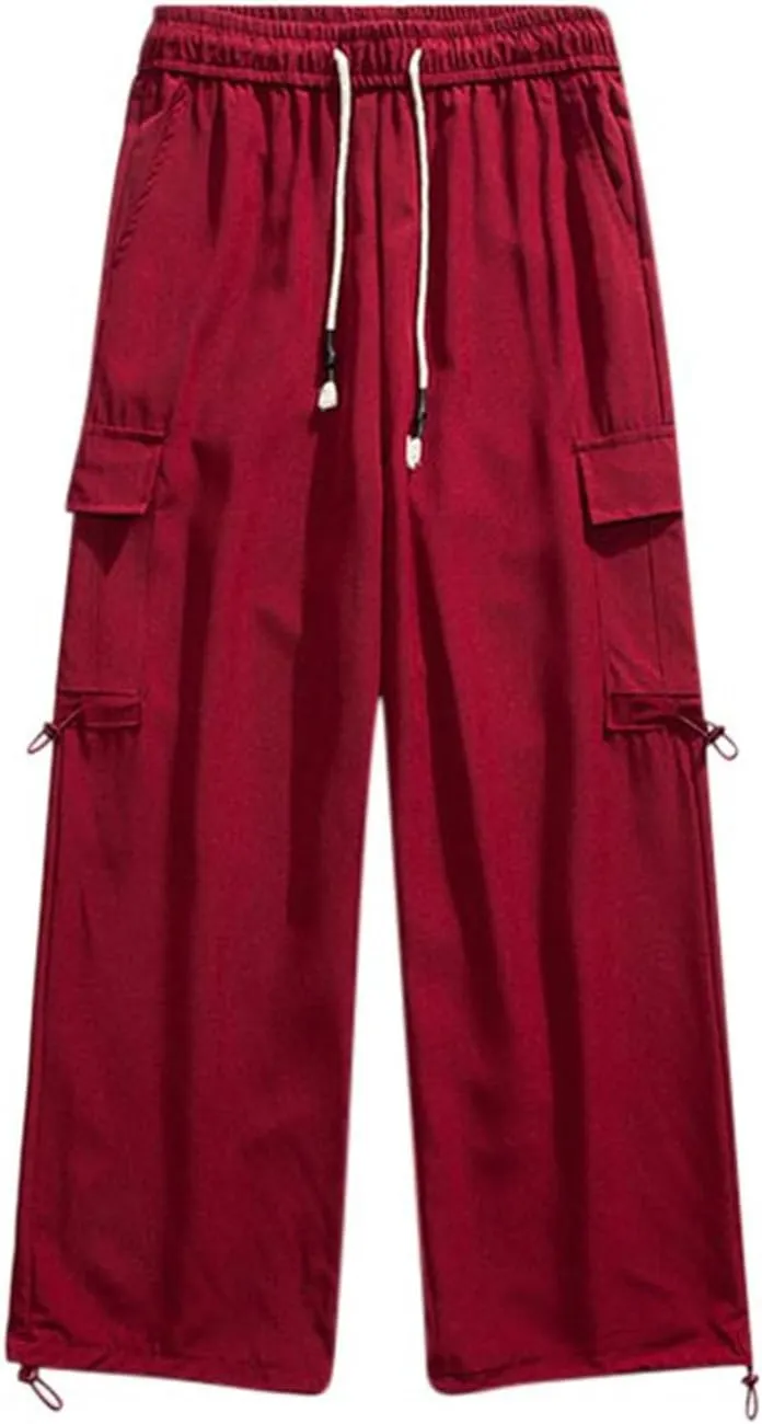 Aymnlox Mens Chino Pants Relaxed Fit with Multi Pockets Trousers Baggy Drawstring Elastic Waist Big and Tall Wide Leg Pants