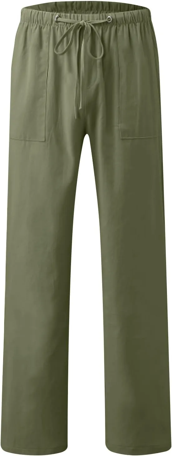 Aymnlox Mens Fall Casual Pants Cotton Linen Baggy Solid Trousers Big and Tall Straight Leg Sweatpants Drawstring Waist Pants