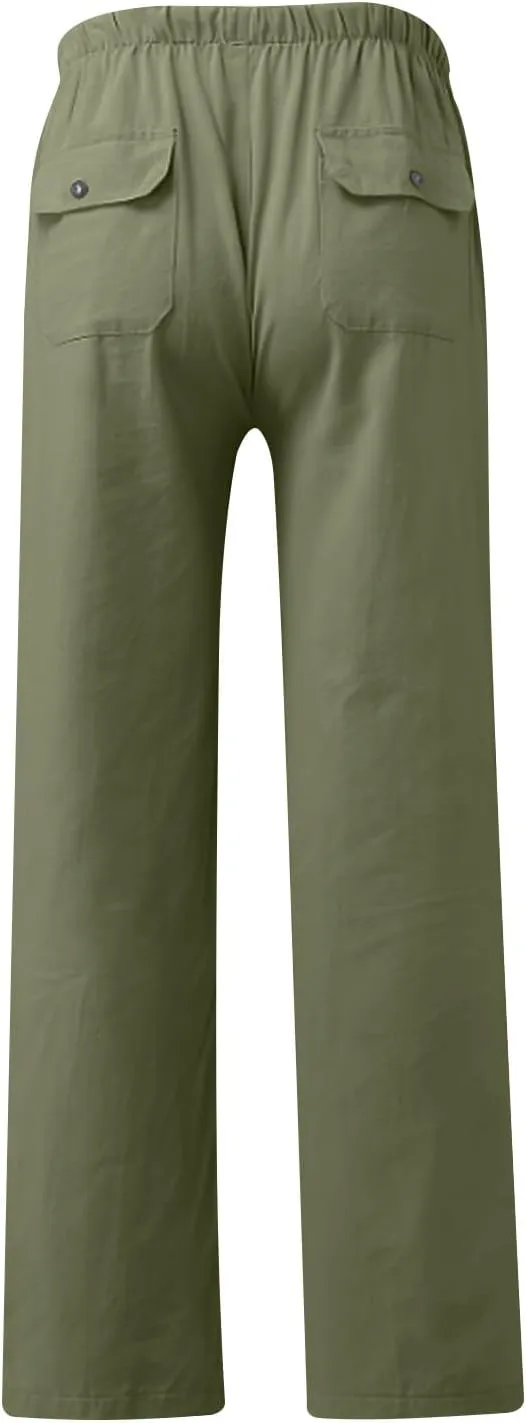 Aymnlox Mens Fall Casual Pants Cotton Linen Baggy Solid Trousers Big and Tall Straight Leg Sweatpants Drawstring Waist Pants