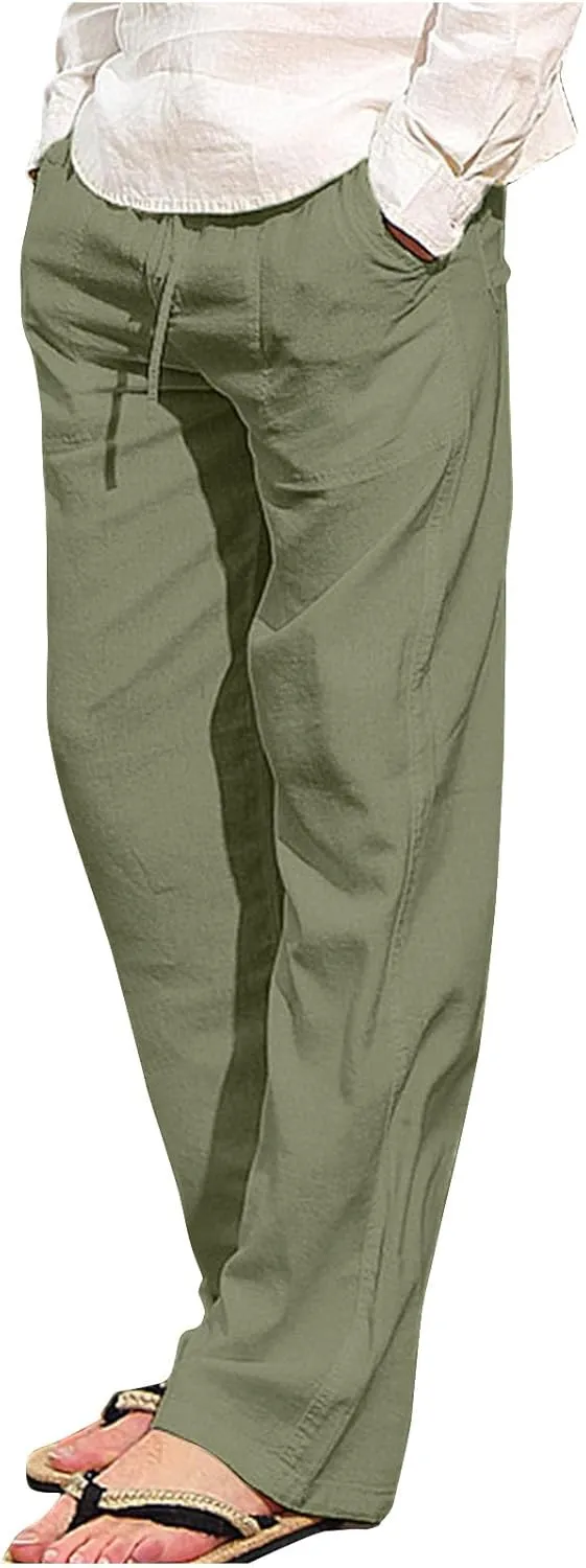 Aymnlox Mens Fall Casual Pants Cotton Linen Baggy Solid Trousers Big and Tall Straight Leg Sweatpants Drawstring Waist Pants