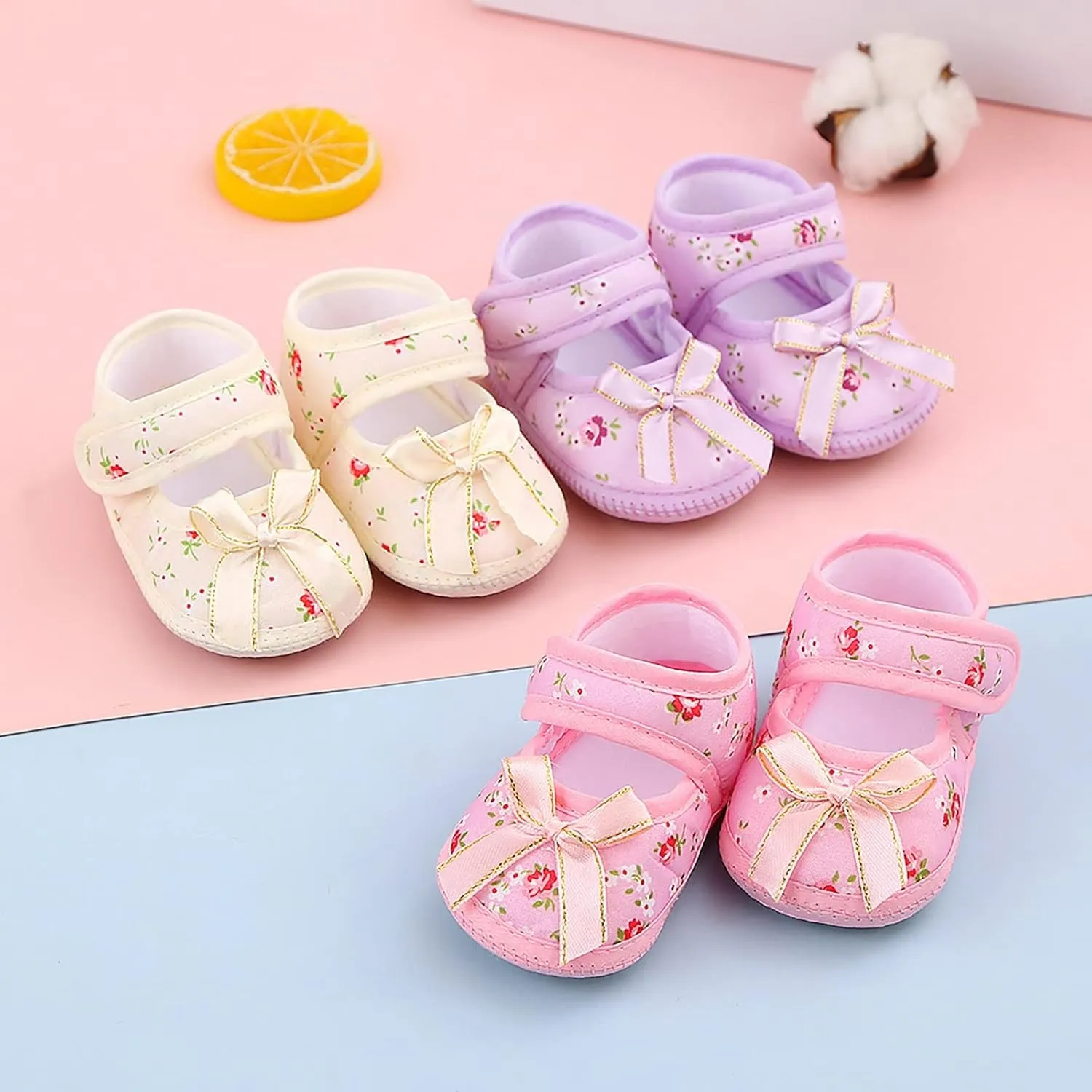 Baby Walk Shoes Cute Printin Shoes Non-Slip Canvas Sneakers with Bow My First Pair of Walking Shoes