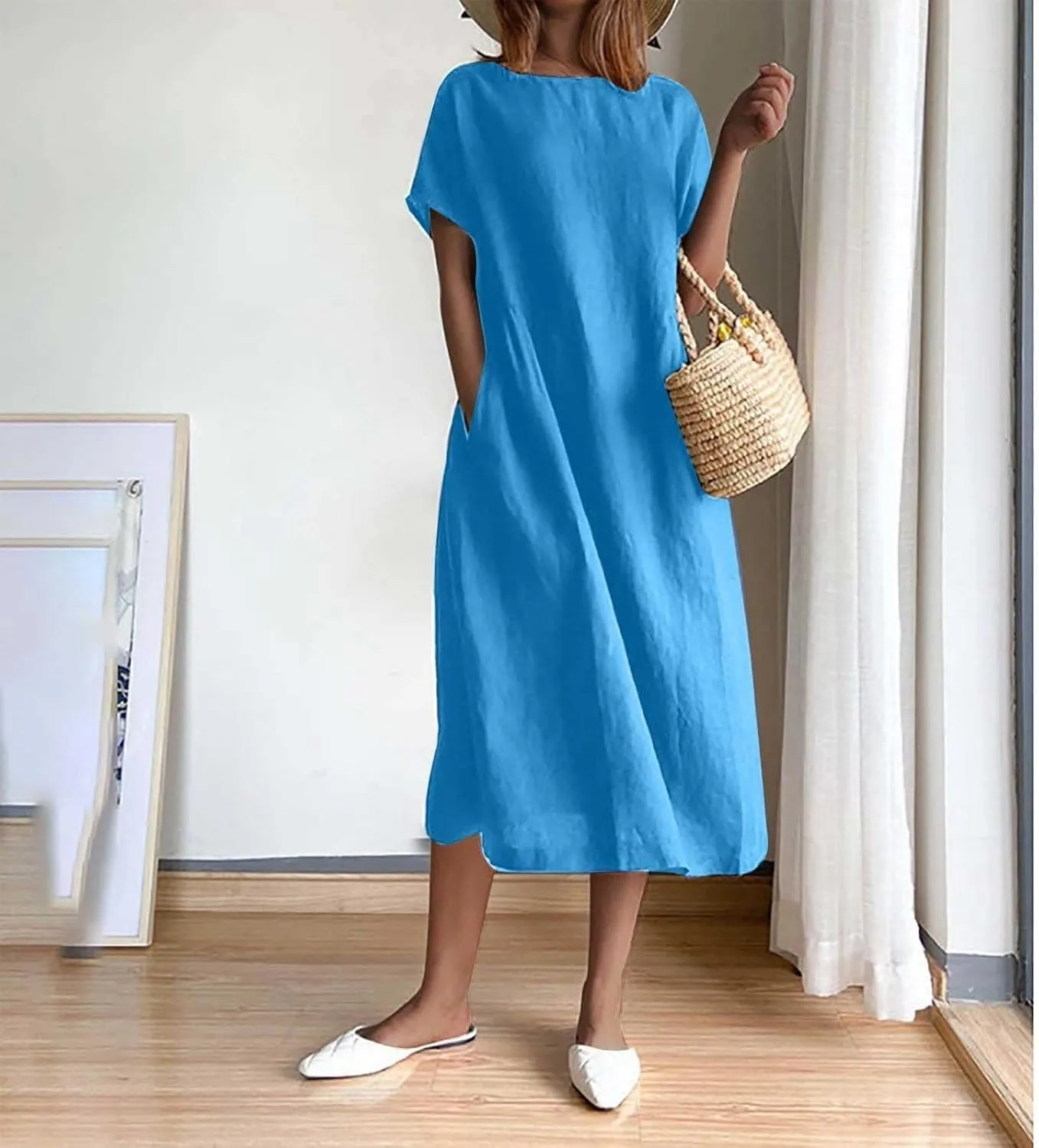 Beach Dresses for Women 2025 Vacation Summer Short Sleeve Cotton Linen Midi Dress Flowy Dresses Shirt Dress with Pocket