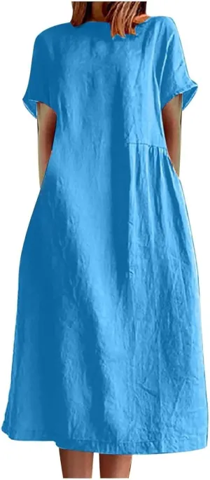 Beach Dresses for Women 2025 Vacation Summer Short Sleeve Cotton Linen Midi Dress Flowy Dresses Shirt Dress with Pocket