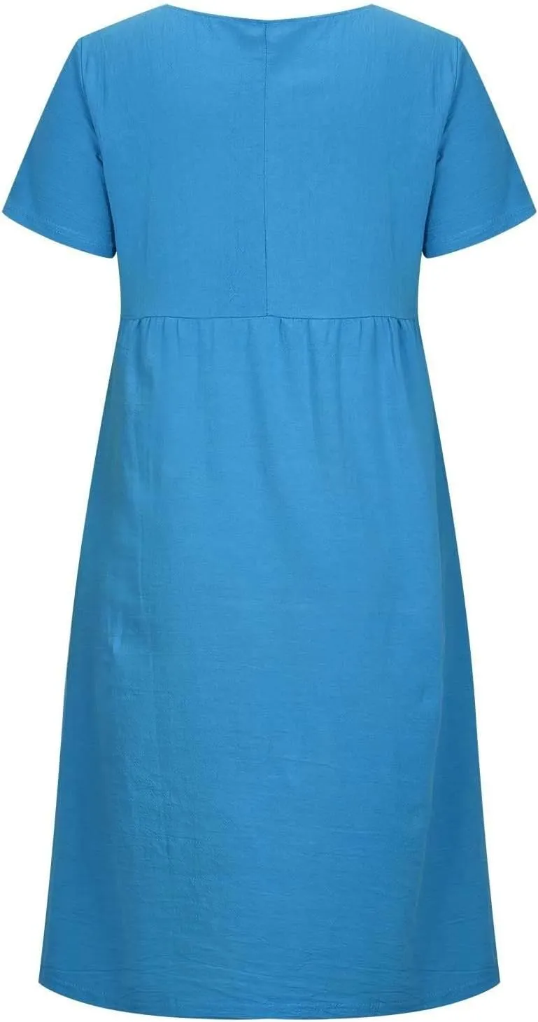 Beach Dresses for Women 2025 Vacation Summer Short Sleeve Cotton Linen Midi Dress Flowy Dresses Shirt Dress with Pocket