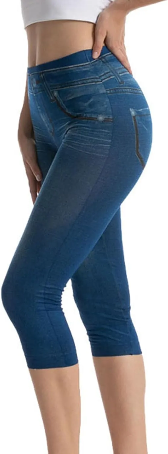 Binmer Women's Denim Capri Jeans Casual High Waisted Skinny Leggings Stretchy Pull On Waisted Casual Pants with Decor Pockets