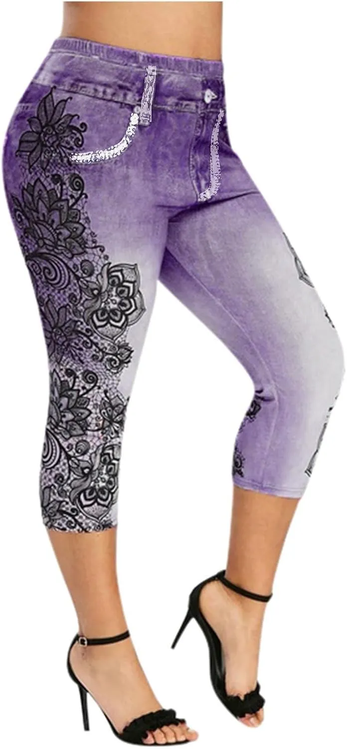 Binmer Women's Denim Capri Jeans Casual High Waisted Skinny Leggings Stretchy Pull On Waisted Casual Pants with Decor Pockets