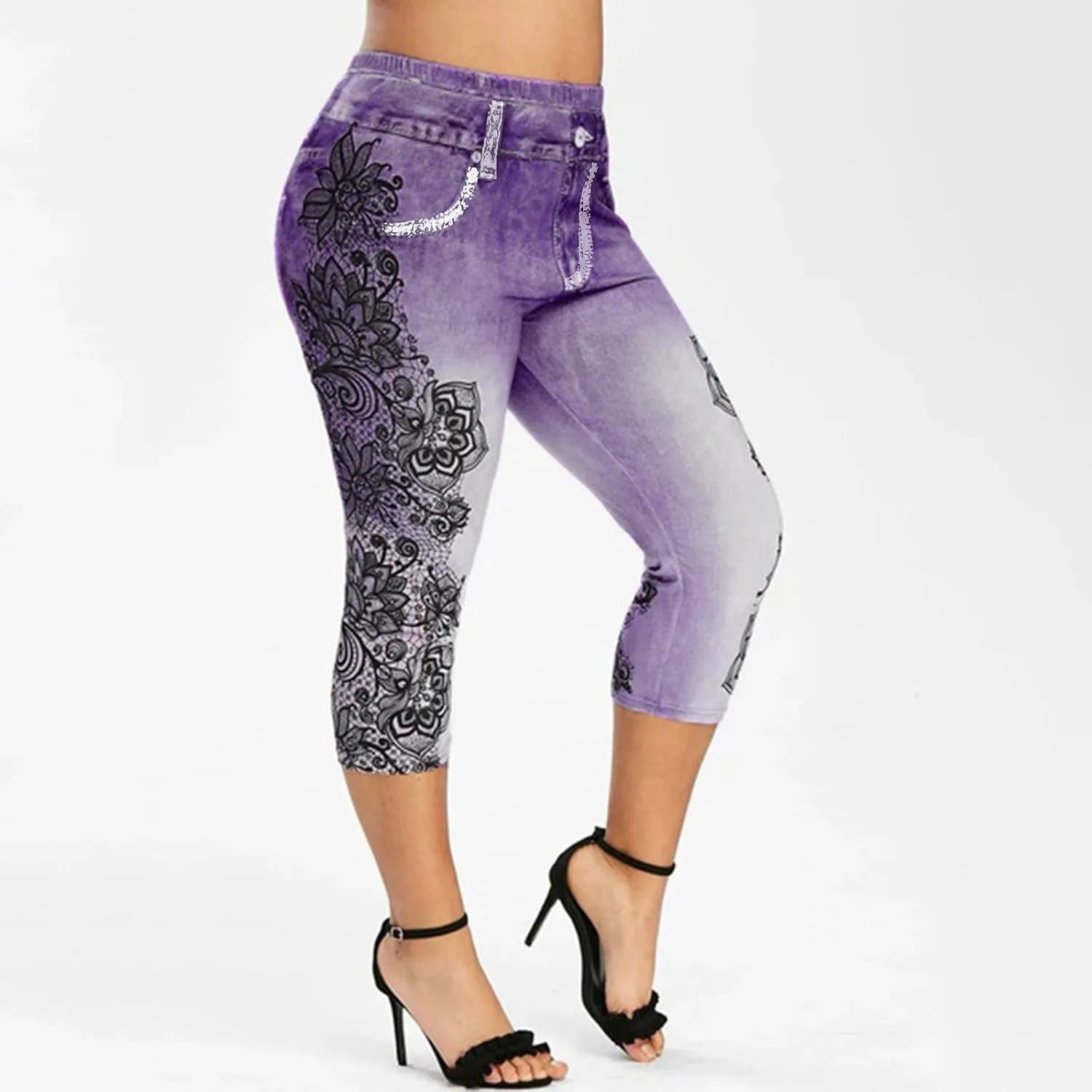 Binmer Women's Denim Capri Jeans Casual High Waisted Skinny Leggings Stretchy Pull On Waisted Casual Pants with Decor Pockets