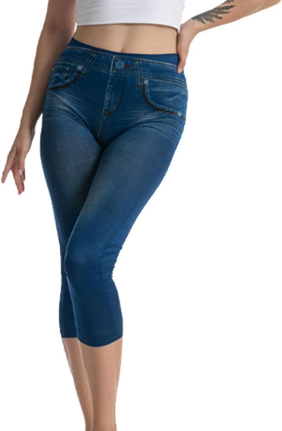Binmer Women's Denim Capri Jeans Casual High Waisted Skinny Leggings Stretchy Pull On Waisted Casual Pants with Decor Pockets