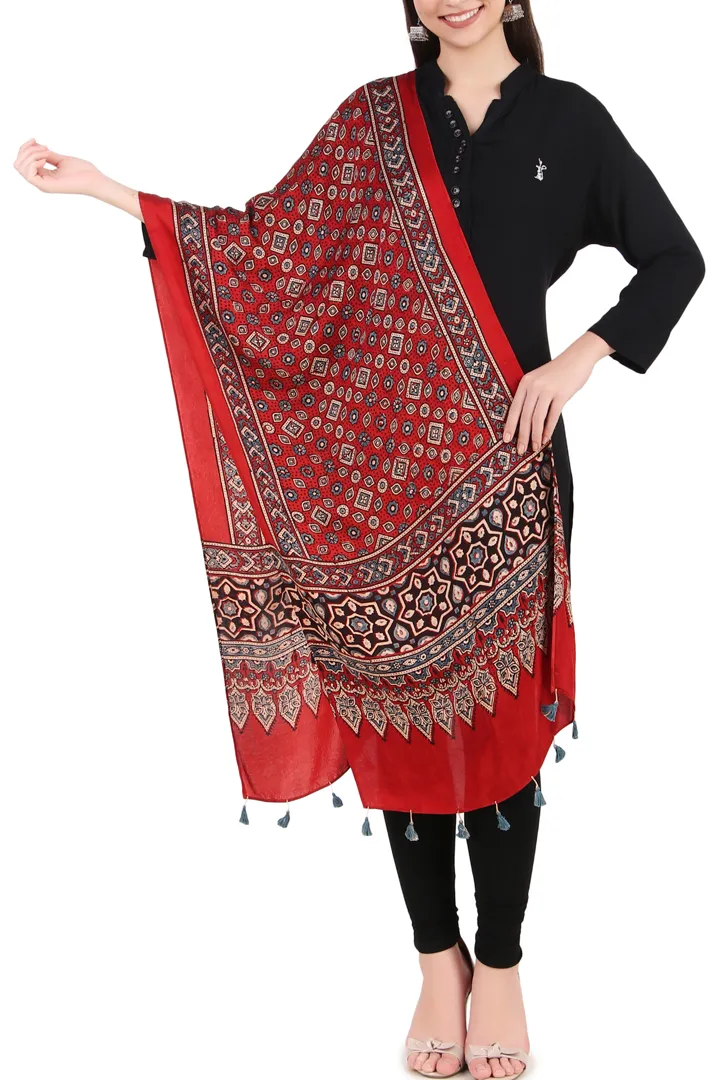 Block printed Modal Stole Light Red