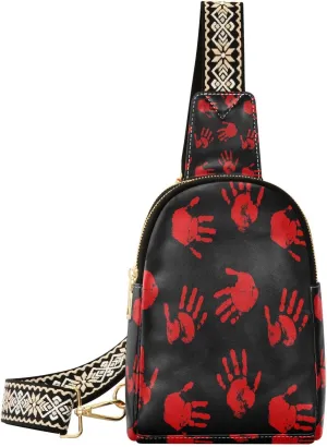 Blood Hand Print Fanny Pack Crossbody PC Leather Small Sling Bag for Women Scary Horror Halloween Fashion Waist Packs Chest Bag for Travel Sports Running Hiking
