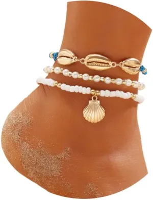Bohemian Puka Shell Layered Anklets Beaded Bracelets for Woman,Braided Anklets Beach Foot Chain Charm Adjustable Bead Bracelets for Foot Jewelry (Style A)