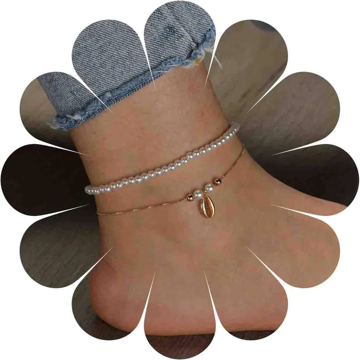 Boho Layered Pearl Ankle Bracelet Gold Shell Anklet Bracelet Vintage Cowrie Anklets Chain Summer Beach Foot Chain Jewelry for Women 2Pcs