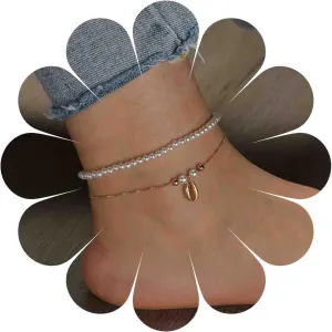 Boho Layered Pearl Ankle Bracelet Gold Shell Anklet Bracelet Vintage Cowrie Anklets Chain Summer Beach Foot Chain Jewelry for Women 2Pcs
