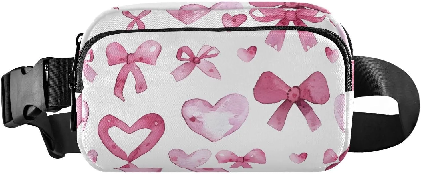 Bolaz Fanny Packs,Fashion Waist Pack Belt Bags for Women Men with Multi-Pockets Adjustable Belts, Pink Bows and Hearts, Workout/Running/Yoga/Shopping/Hiking