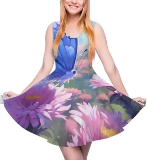 Butterfly Wildflowers Floral Women's Dress Round Neck Dress Sleeveless Tank Dress Ruffle Hem Mini Dresses XL