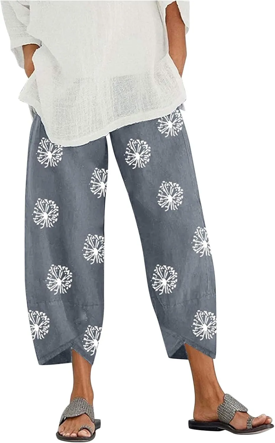 Capri Pants for Womens Linen Capri Pants Cotton Linen Wide Leg Dragonfly Print Sweatpants High Waist Summer Elastic with Pockets Boho Trousers