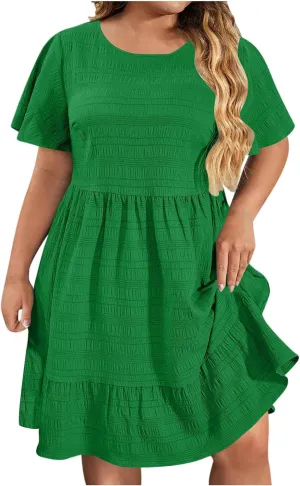 Casual Dresses for Women Plus Size Loose Short Sleeve Solid Color Dress Fashion Pleated Vacation Summer Sundress