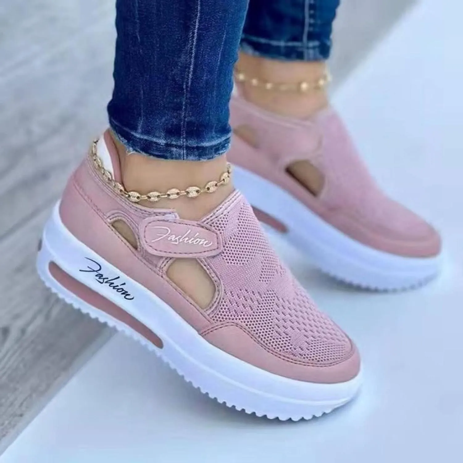 Casual Shoes for Women Trendy Slip Ons Breathable Mesh Sneakers Women Comfortable Orthopedic Walking Flat Shoes with Adjustable Hook and Loop Fastener
