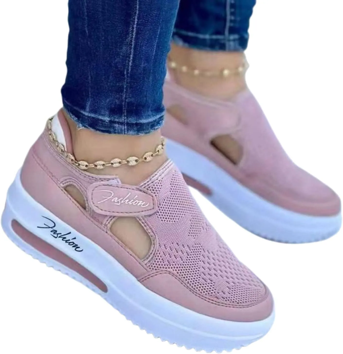 Casual Shoes for Women Trendy Slip Ons Breathable Mesh Sneakers Women Comfortable Orthopedic Walking Flat Shoes with Adjustable Hook and Loop Fastener