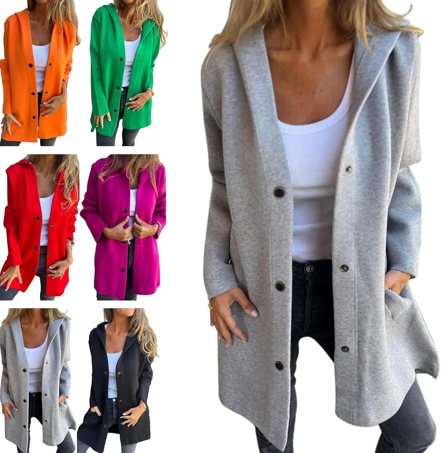 Casual Single Breasted Hooded Jacket, Womens Jackets Long Sleeve Lapel Coat, Button Solid Color Trench Coat