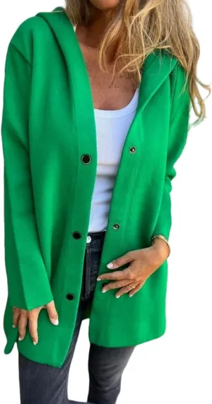 Casual Single Breasted Hooded Jacket, Womens Jackets Long Sleeve Lapel Coat, Button Solid Color Trench Coat