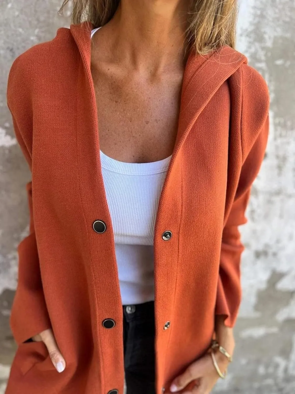 Casual Single Breasted Hooded Jacket, Womens Jackets Long Sleeve Lapel Coat, Button Solid Color Trench Coat