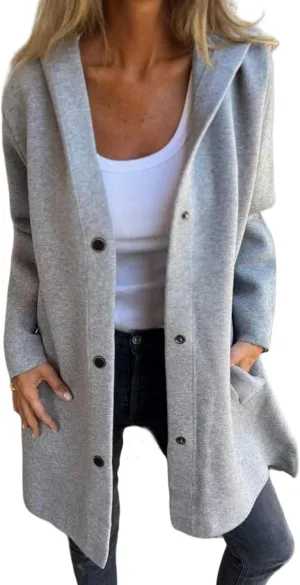 Casual Single Breasted Hooded Jacket, Womens Jackets Long Sleeve Lapel Coat, Button Solid Color Trench Coat