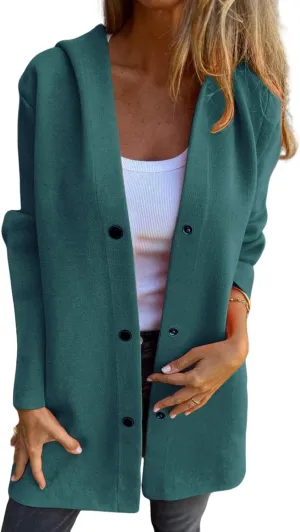 Casual Single Breasted Hooded Jacket, Womens Jackets Long Sleeve Lapel Coat, Button Solid Color Trench Coat