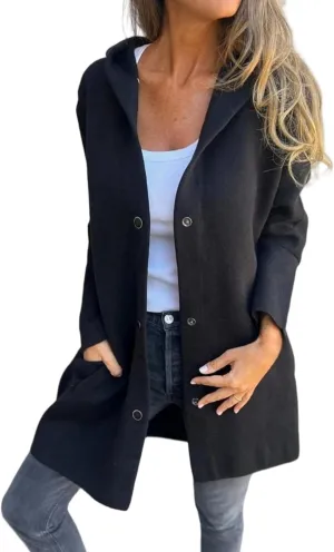 Casual Single Breasted Hooded Jacket, Womens Jackets Long Sleeve Lapel Coat, Button Solid Color Trench Coat