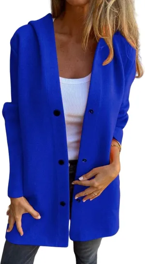 Casual Single Breasted Hooded Jacket, Womens Jackets Long Sleeve Lapel Coat, Button Solid Color Trench Coat