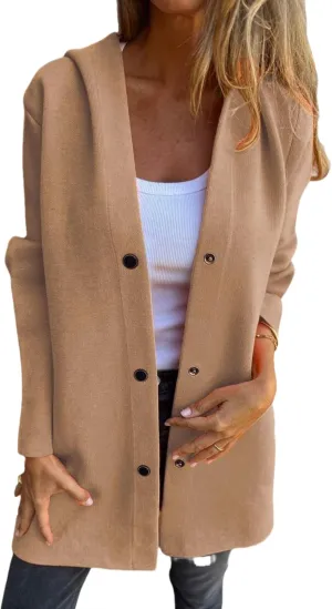 Casual Single Breasted Hooded Jacket, Womens Jackets Long Sleeve Lapel Coat, Button Solid Color Trench Coat