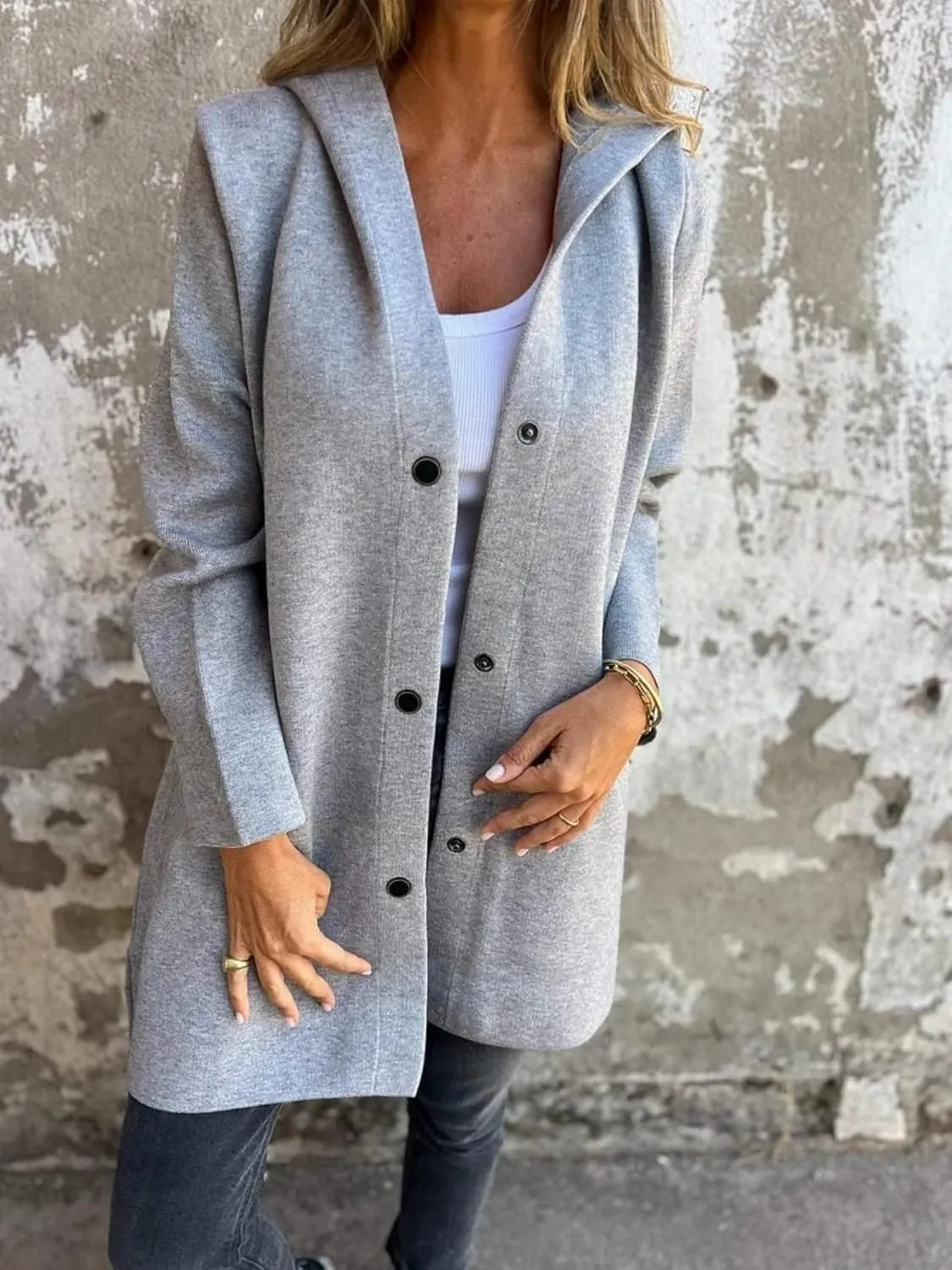 Casual Single Breasted Hooded Jacket, Womens Jackets Long Sleeve Lapel Coat, Button Solid Color Trench Coat