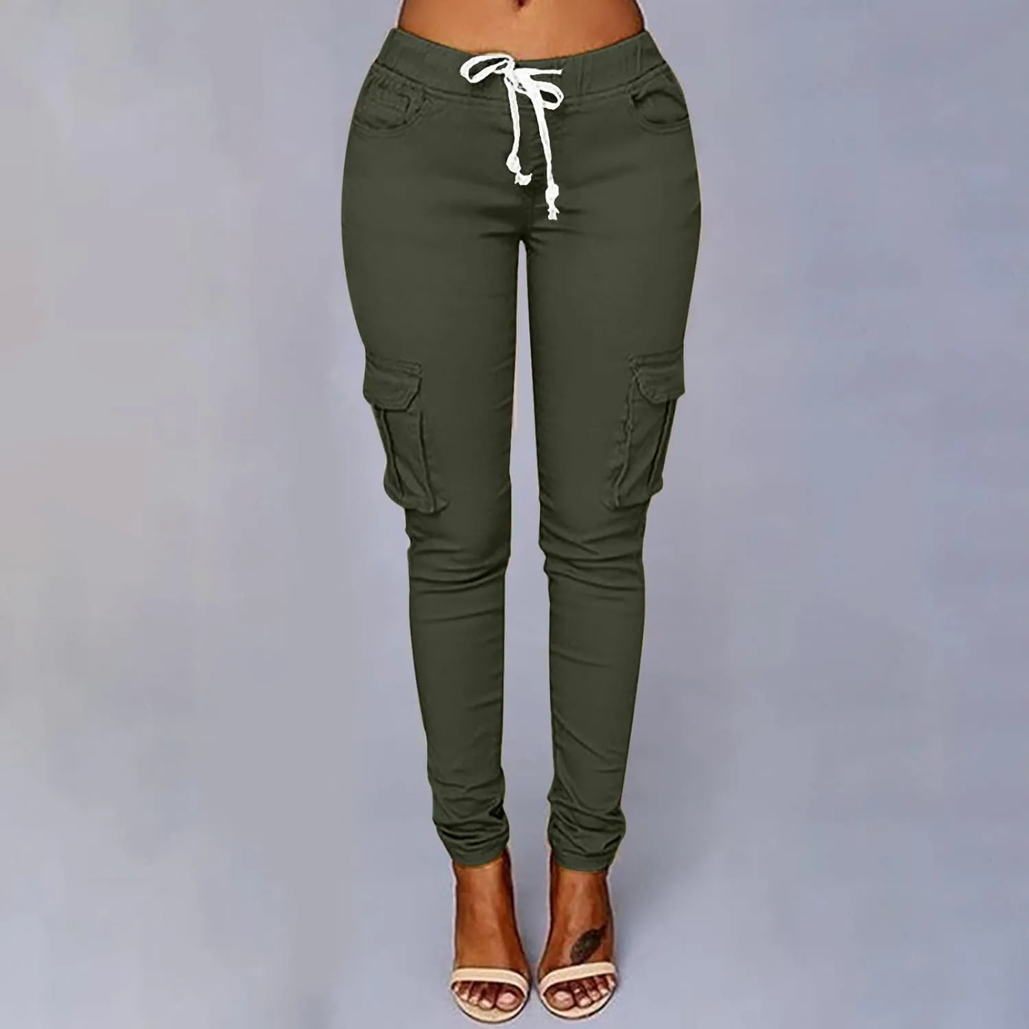 Casual Stretch Drawstring Skinny Pants for Women Plus Size Cargo Jogger Pants High Waist Tie Butt Lift Trousers Pockets