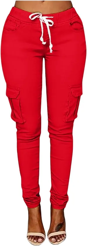 Casual Stretch Drawstring Skinny Pants for Women Plus Size Cargo Jogger Pants High Waist Tie Butt Lift Trousers Pockets