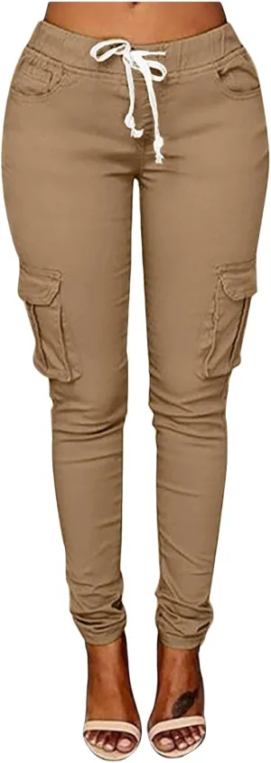 Casual Stretch Drawstring Skinny Pants for Women Plus Size Cargo Jogger Pants High Waist Tie Butt Lift Trousers Pockets