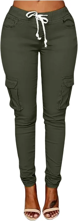 Casual Stretch Drawstring Skinny Pants for Women Plus Size Cargo Jogger Pants High Waist Tie Butt Lift Trousers Pockets