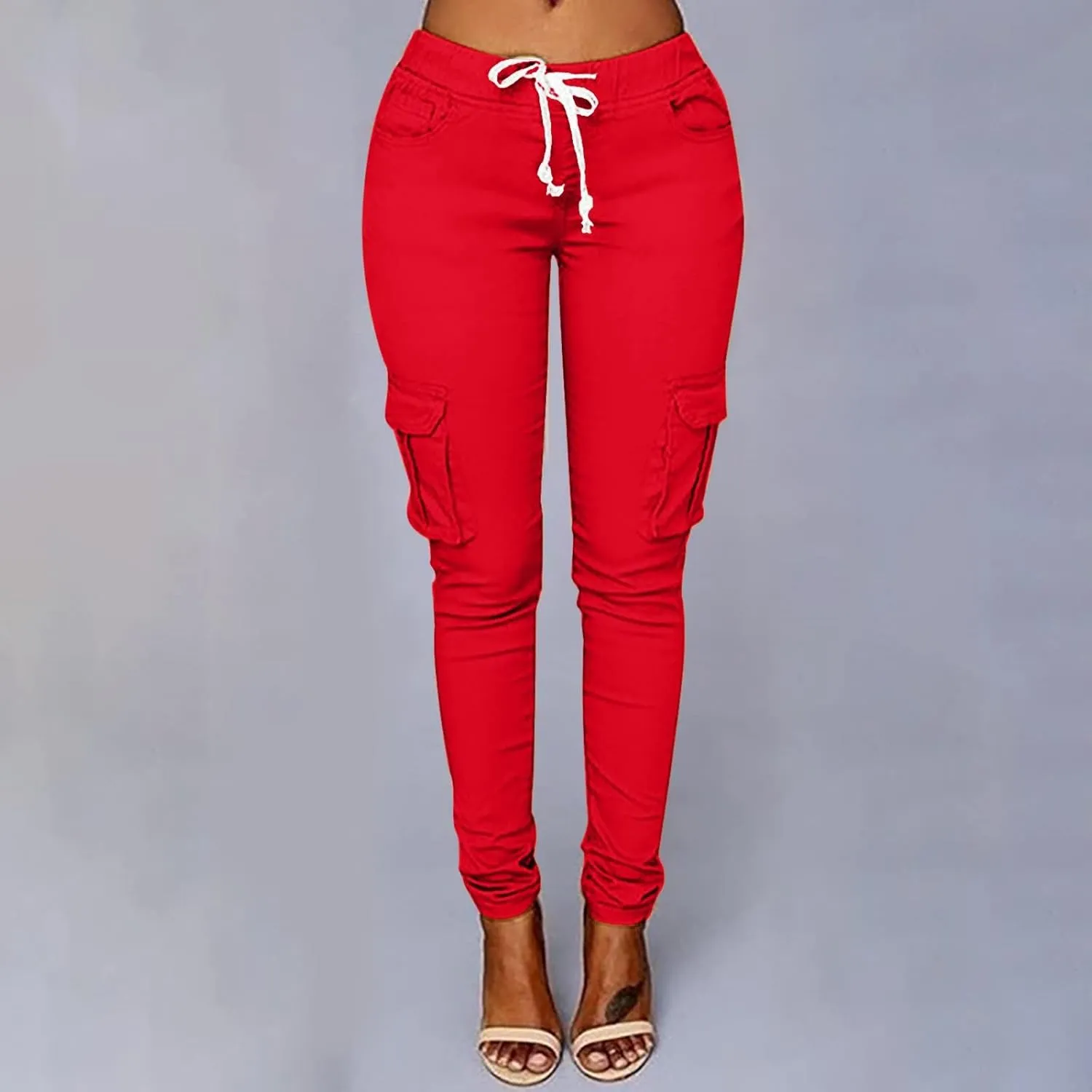 Casual Stretch Drawstring Skinny Pants for Women Plus Size Cargo Jogger Pants High Waist Tie Butt Lift Trousers Pockets