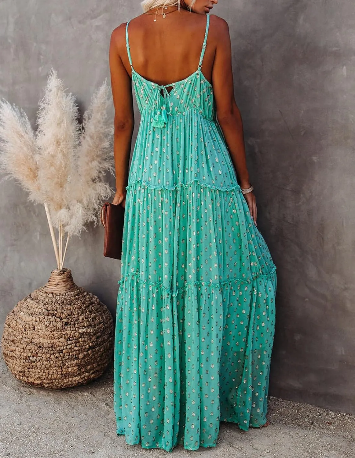 CHARTOU Womens Summer Maxi Dress Printed V Neck Dress Bohemian Spaghetti Strap Sleeveless Ruffle Dresses