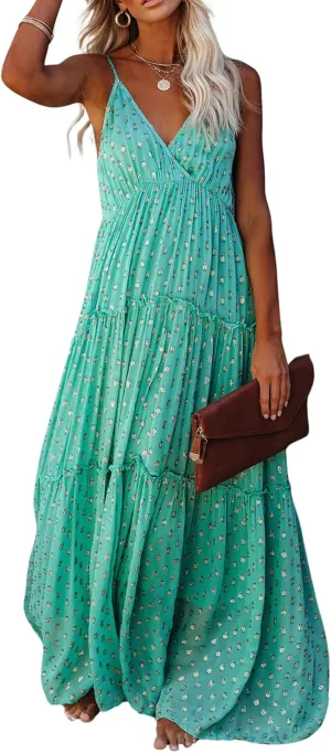 CHARTOU Womens Summer Maxi Dress Printed V Neck Dress Bohemian Spaghetti Strap Sleeveless Ruffle Dresses