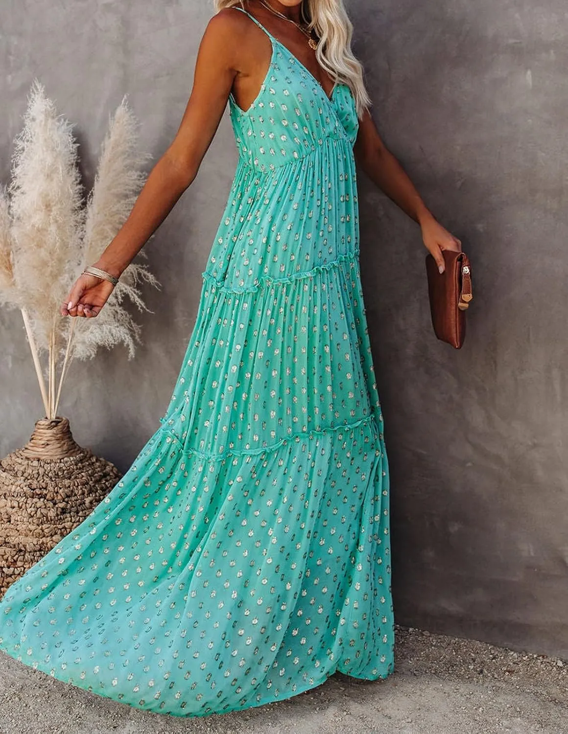 CHARTOU Womens Summer Maxi Dress Printed V Neck Dress Bohemian Spaghetti Strap Sleeveless Ruffle Dresses