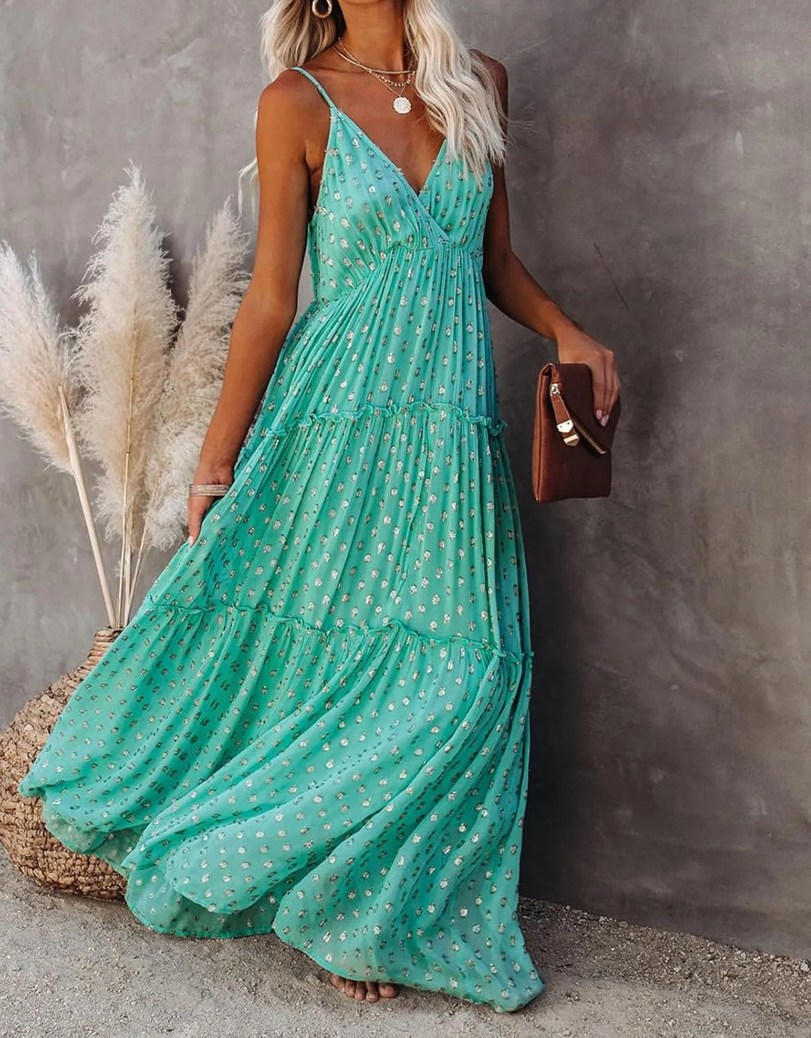 CHARTOU Womens Summer Maxi Dress Printed V Neck Dress Bohemian Spaghetti Strap Sleeveless Ruffle Dresses