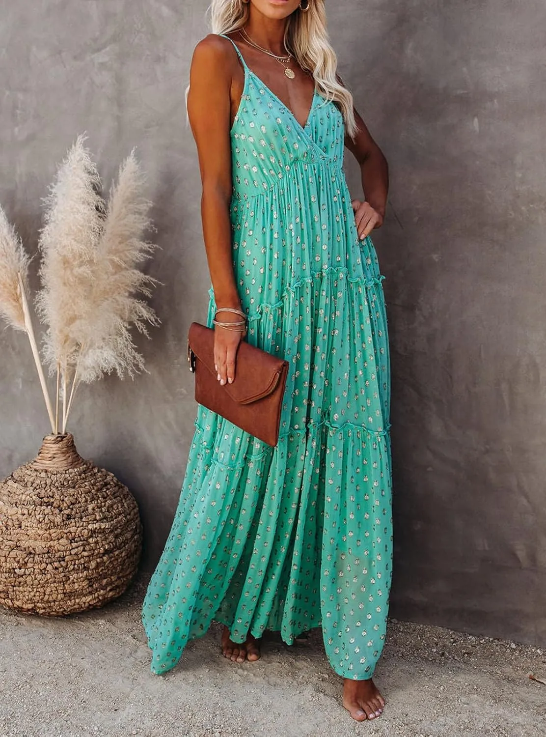 CHARTOU Womens Summer Maxi Dress Printed V Neck Dress Bohemian Spaghetti Strap Sleeveless Ruffle Dresses