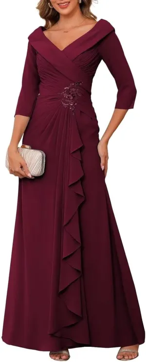 Chiffon 3/4 Sleeve Mother of The Bride Dresses for Wedding A-line Applique Formal Dress Ruffles Pleated Evening Gown