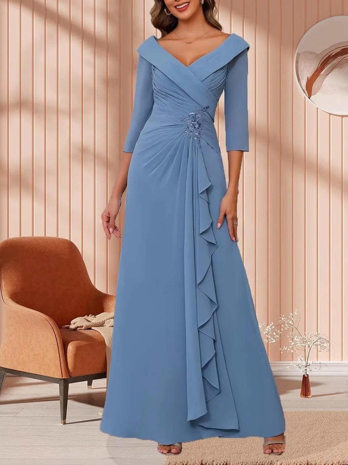 Chiffon 3/4 Sleeve Mother of The Bride Dresses for Wedding A-line Applique Formal Dress Ruffles Pleated Evening Gown