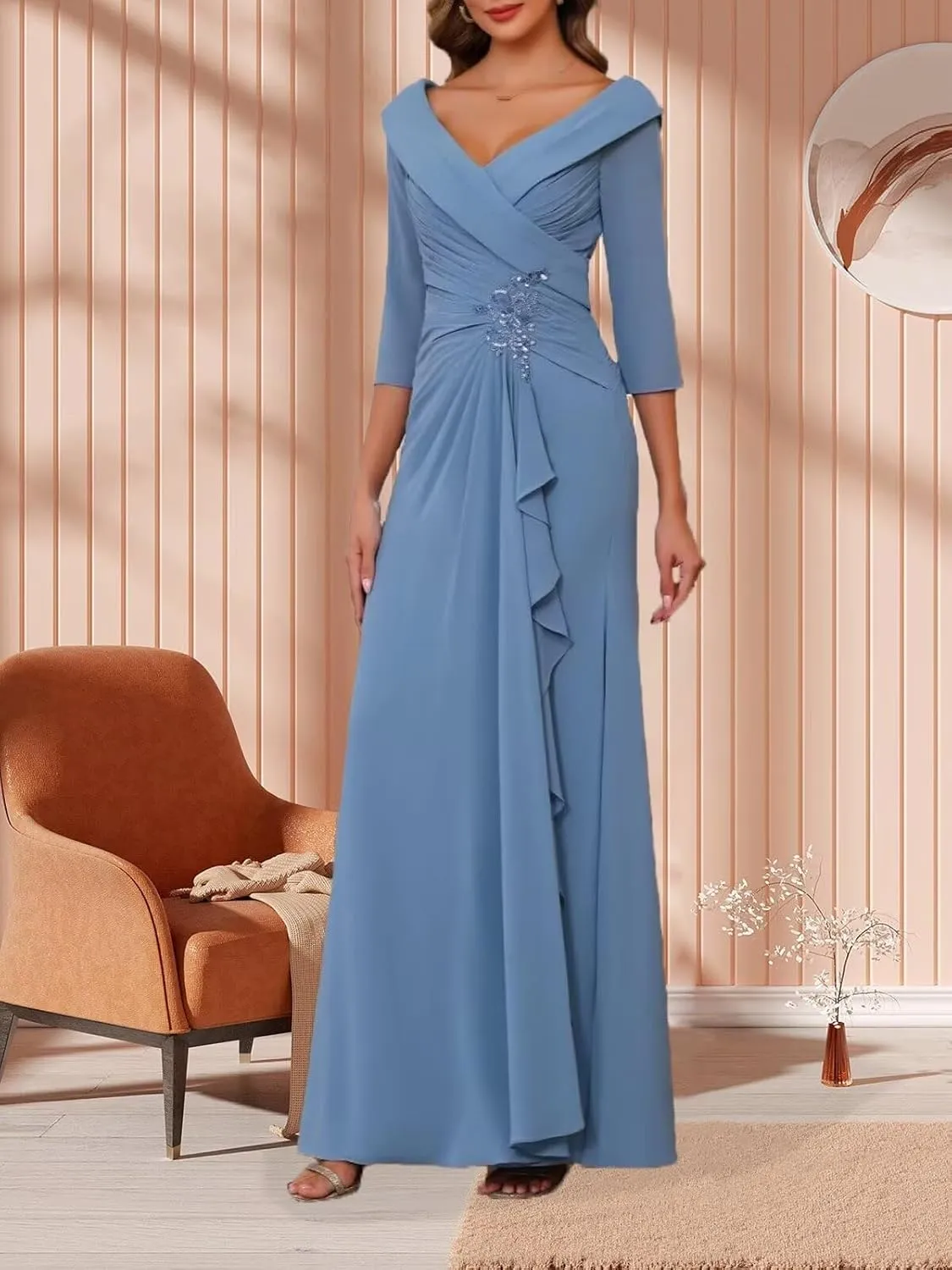 Chiffon 3/4 Sleeve Mother of The Bride Dresses for Wedding A-line Applique Formal Dress Ruffles Pleated Evening Gown