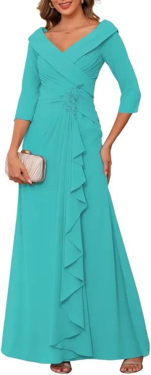 Chiffon 3/4 Sleeve Mother of The Bride Dresses for Wedding A-line Applique Formal Dress Ruffles Pleated Evening Gown