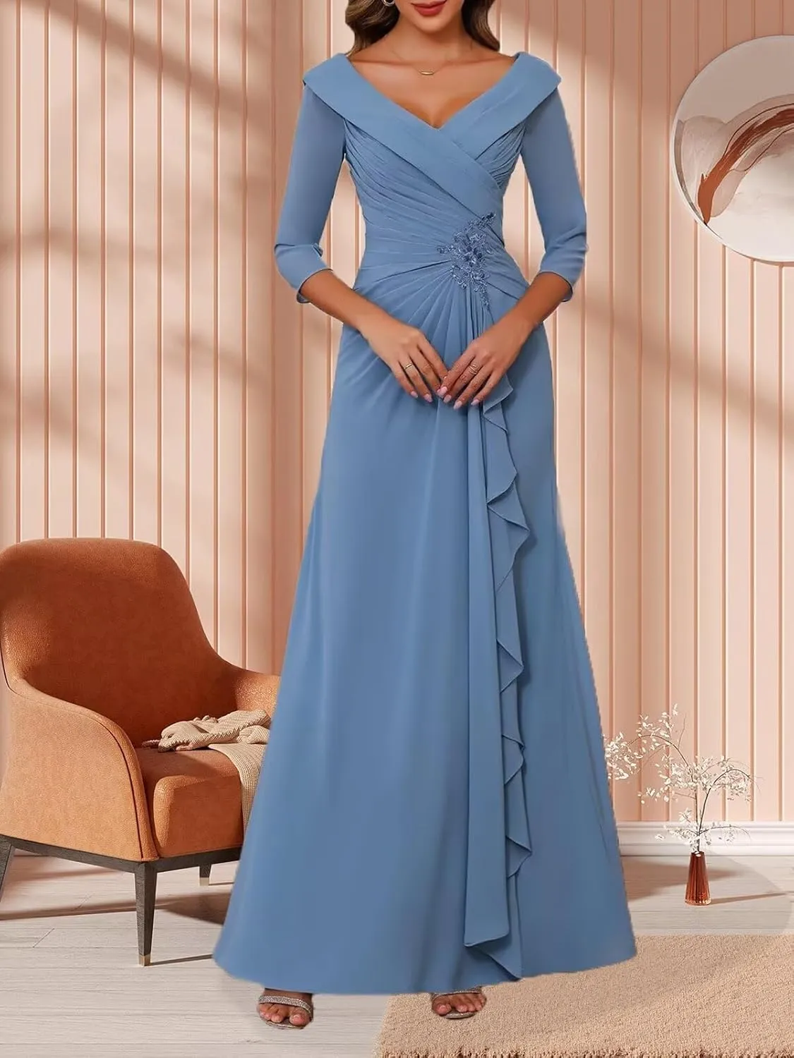 Chiffon 3/4 Sleeve Mother of The Bride Dresses for Wedding A-line Applique Formal Dress Ruffles Pleated Evening Gown